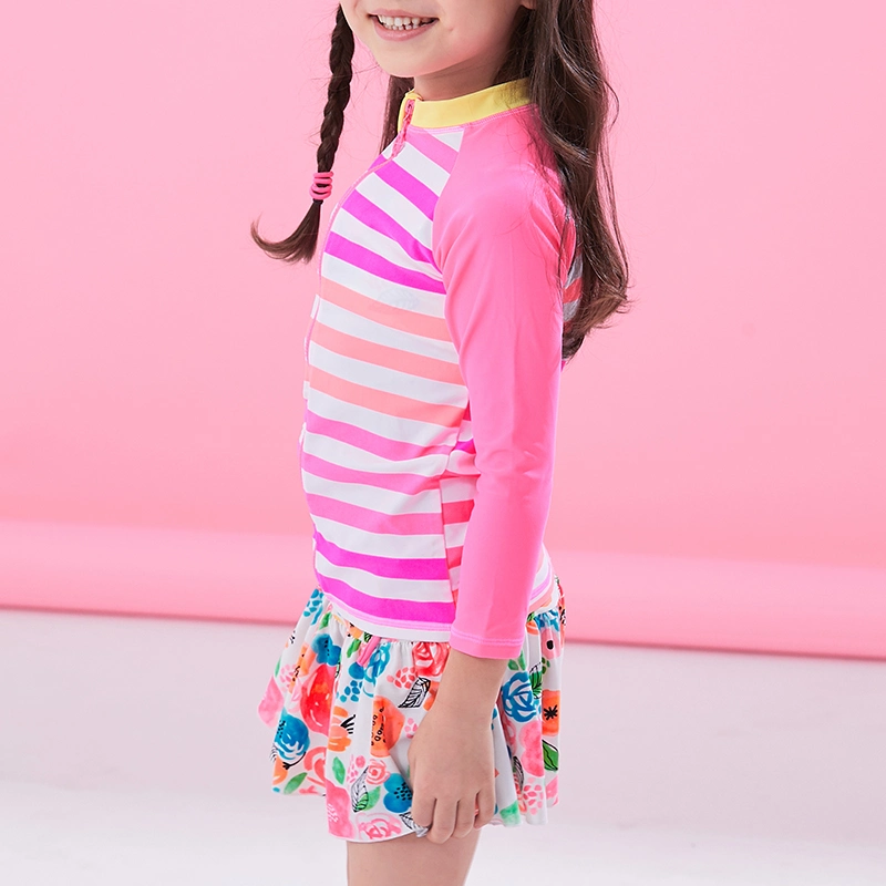 2021 Fashionable Girls Striped Print T-Shirt Contrast Flower Prints Simwear Dress Simwear