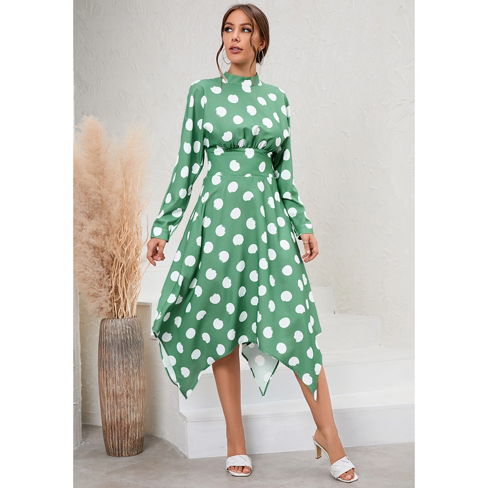 New Design Casual Irregular Long Sleeve Polka DOT Dress Fashion Elegant Print Tightening Belt Women′s Long Dresses