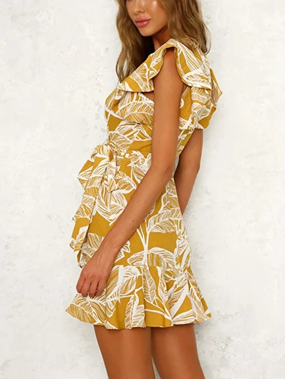 Printing Floral Yellow Womens Mini Dresses Summer Beach Dress 2018 Ruffles V Neck Wrap Dresses for Women