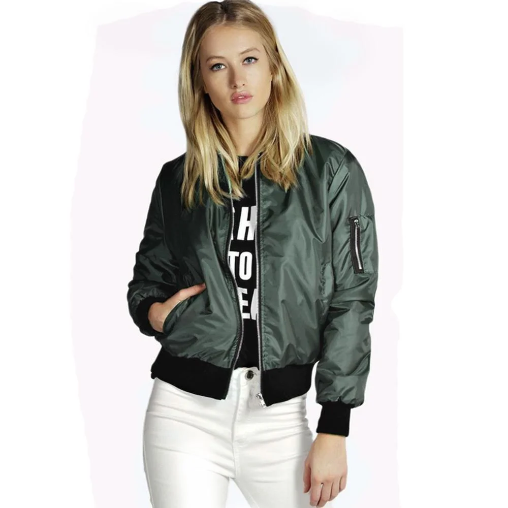 Wholesale Plain Solid Color Thin Zipper Long Sleeve Women Bomber Jacket Fashion Women Coat Jacket