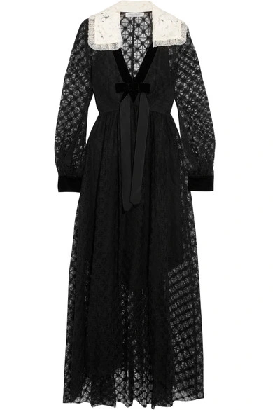 2017 High Quality Velvet-Trimmed Sexy Women Black Lace Maxi Dress