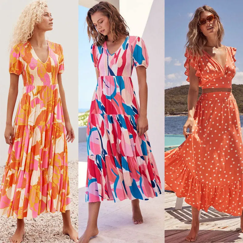 2022 Summer Long Backless Beach Bohemian Dresses Ladies Straps Square Neck Floral Maxi Casual Boho Maxi Dress with Logo Print