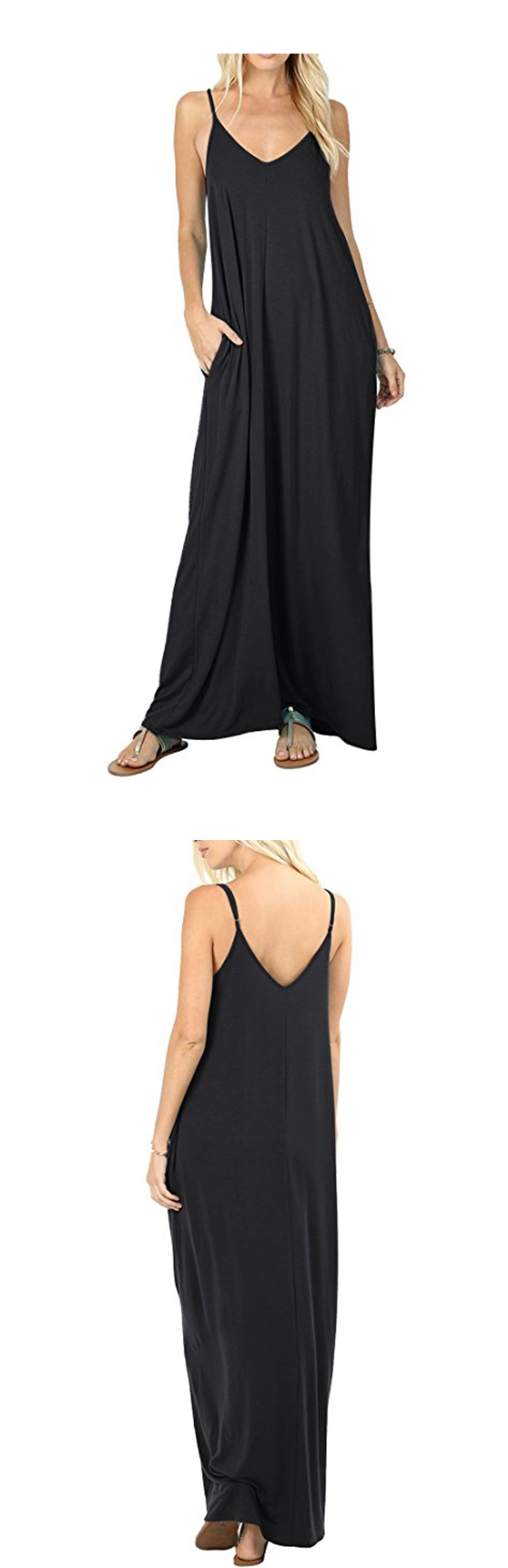 Wholesale Sleeveless Loose Gril Lady V-Neck Summer Fashion Women Ladies Pocket Casual Long Maxi Dress