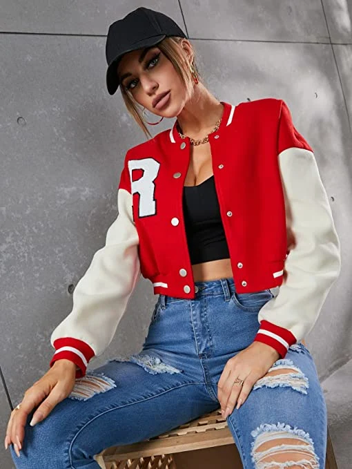 Wit-Ta New Arrival Women Casual Button Down Letter Print Baseball Bomber Long Sleeve Color Block Outerwear