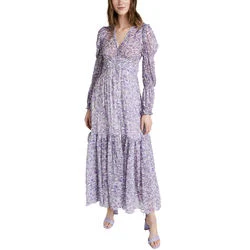 Ladies V Neck Floral Dress for Women Print Clothing Manufacturers Elegant Long Custom Logo Puff Sleeve Viscose Gown