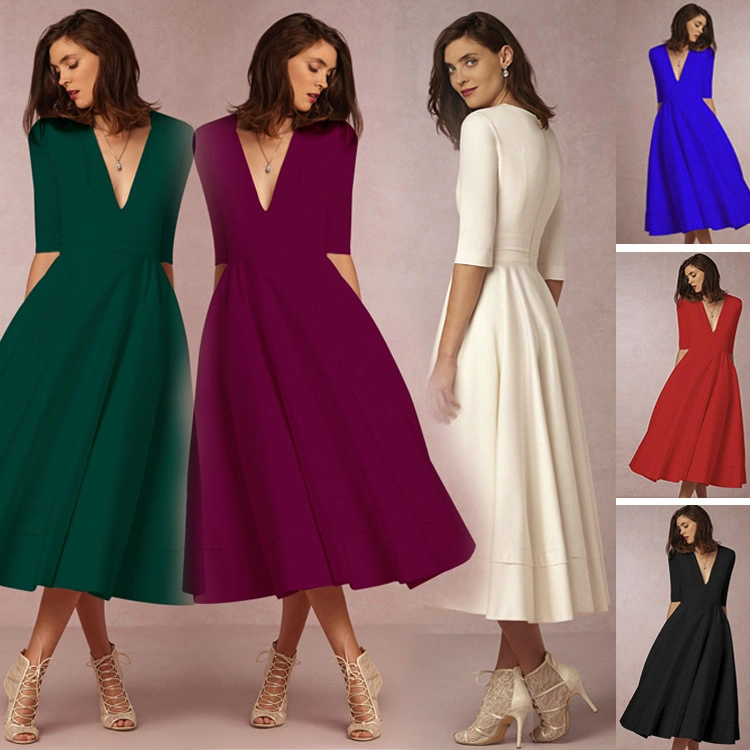 Women′ S Sexy Deep V MIDI Sleeve Dress New MIDI Long Irregular Princess Evening Dresses