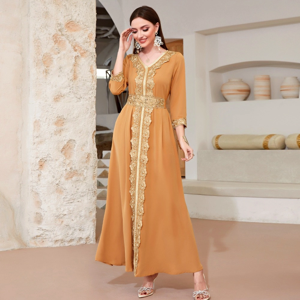 2023 Factory Custom Embroidery Lace Elegant Vintage Hot-Selling V-Neck Middle East MIDI Dress