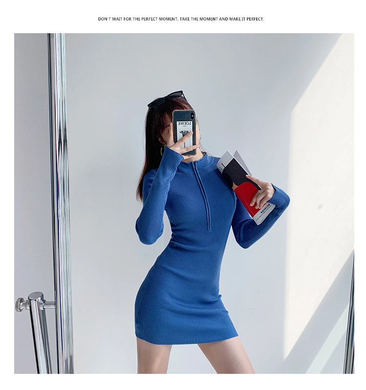 2022 Round Neck Zipper Bodycon Mini Sweater Dress