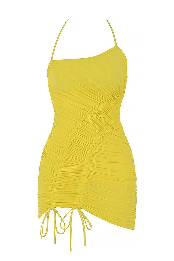 2021 Summer Designs Lemon Asymmetric Ruched Mesh Mini Dresses