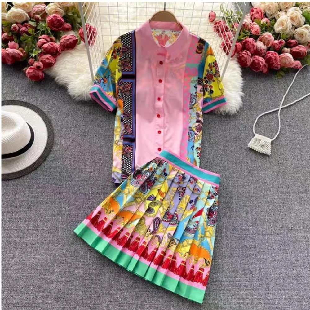 Spring 2022 Fashion Women Print T-Shirt High Waist Pleated Skirt High-End Two-Piece Dress