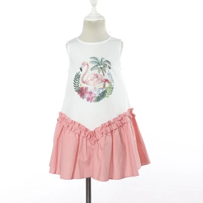 Vêtements décontractés sans manches flamant rose imprime des robes d'été mignonnes en coton pour enfants fille