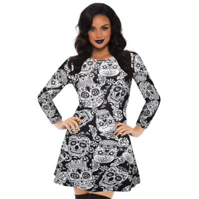 Costume d'Halloween Squelette Motif Jupe Imprimée Dames Robe Longue Cosplay Foncé