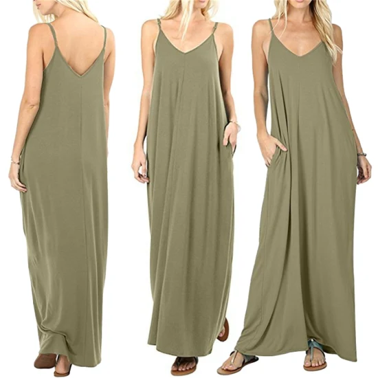 Vente en gros sans manches Loose Gril Lady V-Neck Summer Fashion Femmes Ladies Pocket Casual Long Maxi Dress