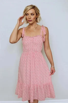 Robe midi smockée pour femme avec volants