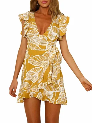 Impression florale jaune femmes mini robes robe de plage d'été 2018 volants col en V robes portefeuille pour les femmes