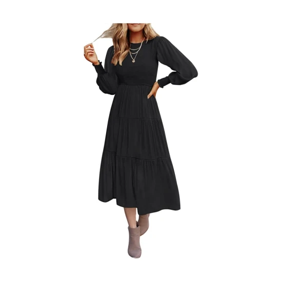 Women's 2023 Casual manches longues col rond taille haute smocké Flowy robe mi-longue à plusieurs niveaux