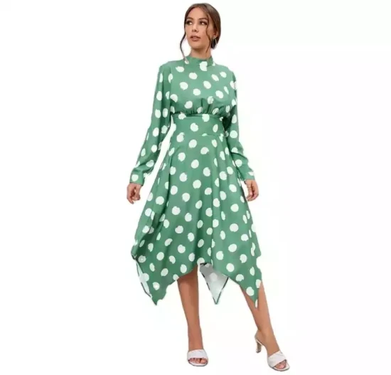 Nouveau Design Casual manches longues irrégulière Polka DOT Dress Fashion élégante ceinture de serrage d'impression Robes longues femmes