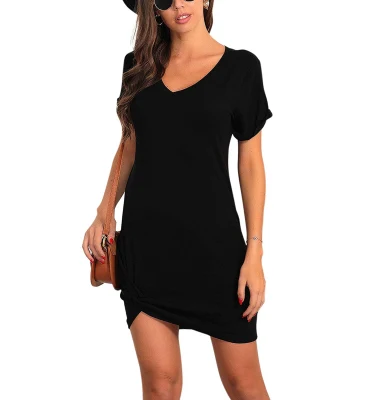 Premium Women's Casual Robes T-shirt Mignon Mini Cravate Noeud Équipé D'Été Twist Col En V Robe À Manches Courtes