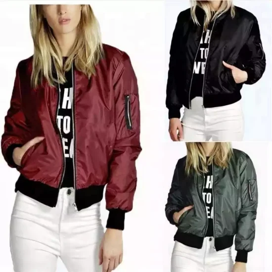 Gros plaine couleur unie mince fermeture éclair à manches longues femmes Bomber veste mode femmes manteau veste