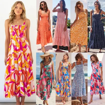 2022 été longue dos nu plage bohème robes dames bretelles col carré Floral Maxi décontracté Boho Maxi robe avec Logo imprimé